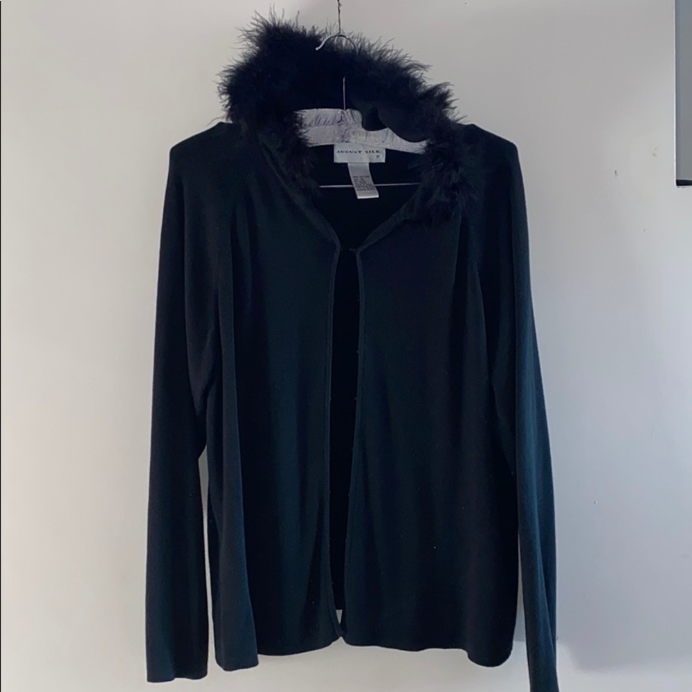 August Silk Black Hooded Sweater with fur trim